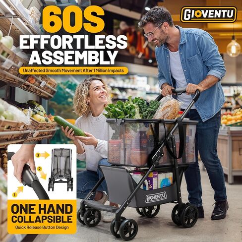 𝟐𝟎𝟐𝟓 𝐔𝐩𝐠𝐫𝐚𝐝𝐞𝐝 Folding Shopping Cart with Wheels, 80lbs Multi Use Grocery Carts with 360° Wheels & Removable Tote Bag, Multifunctional Portable Personal Shopping Carts for Groceries, Black in Saudi Arabia