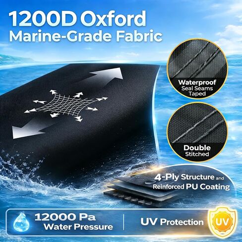 غطاء قارب مقاوم للماء، غطاء قارب متعقب باس 1200D مع مجموعة أدوات إرساء حقيبة الرمل، أغطية قوارب شديدة التحمل من الدرجة البحرية تناسب هيكل بدن بطول 17-19 قدم وقارب متجول، أسود in Kuwait