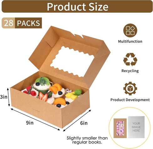 Moretoes 28pcs Cookie Boxes with Window, 9x6x3 Inch Brown Bakery Boxes Pastry Containers for Chocolate Covered Strawberries, Candy, Muffins, Donuts in Kuwait