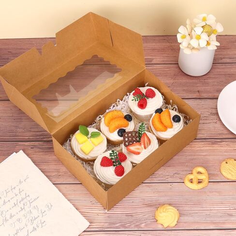 Moretoes 28pcs Cookie Boxes with Window, 9x6x3 Inch Brown Bakery Boxes Pastry Containers for Chocolate Covered Strawberries, Candy, Muffins, Donuts in Kuwait