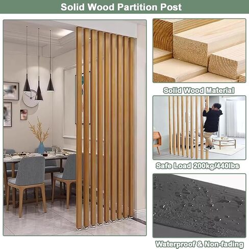 Floor to Ceiling Solid Wood Slat Room Divider Wall Partition Column - No Drill Adjustable Privacy Screen for Home Entry Living Room Office Space Separation Decor(Beige-10 Root,190cm/74.8in) in Kuwait