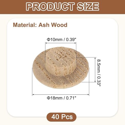 uxcell 40Pcs Wood Button Plugs, 10mm / 0.39" Hardwood Screw Hole Plug Mushroom Wooden Caps Buttons Ash Wood Plug for Furniture Woodworking Craft Decor (18mm x 10mm) in Kuwait
