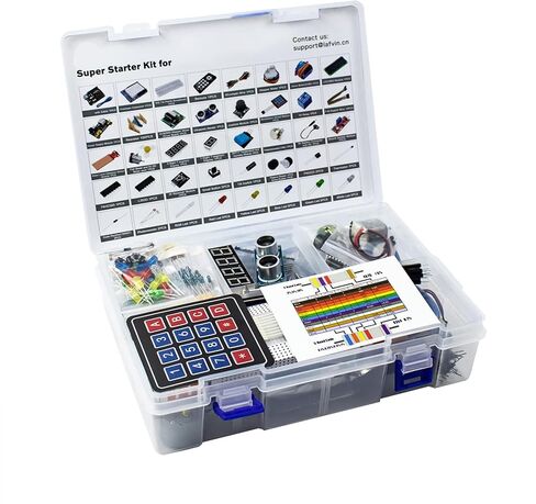 Electronics Starter Kit with ATmega328P Controller Board, Breadboard, Power Supply Module, LCD1602 Display, HC-SR04 Sensor, Servo, Stepper Motor, Jumper Wires and Components for STEM Projects in Kuwait
