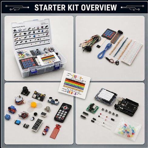 Electronics Starter Kit with ATmega328P Controller Board, Breadboard, Power Supply Module, LCD1602 Display, HC-SR04 Sensor, Servo, Stepper Motor, Jumper Wires and Components for STEM Projects in Kuwait