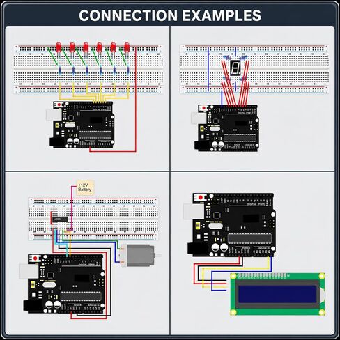 Electronics Starter Kit with ATmega328P Controller Board, Breadboard, Power Supply Module, LCD1602 Display, HC-SR04 Sensor, Servo, Stepper Motor, Jumper Wires and Components for STEM Projects in Kuwait
