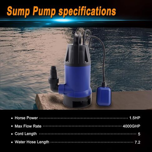 KQ1100B2(1100W) Sump Pump, 4000GPH High Flow Clean Sewage Utility Pump, Equipped with 7.2-meter Water Hose and 5-meter UL Wire, For Swimming Pool, Pond,Basement, Rooftops, Water Beds in Kuwait