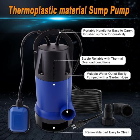 KQ1100B2(1100W) Sump Pump, 4000GPH High Flow Clean Sewage Utility Pump, Equipped with 7.2-meter Water Hose and 5-meter UL Wire, For Swimming Pool, Pond,Basement, Rooftops, Water Beds in Kuwait