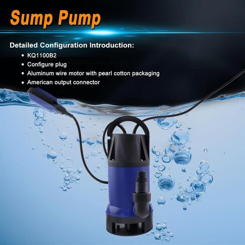 KQ1100B2(1100W) Sump Pump, 4000GPH High Flow Clean Sewage Utility Pump, Equipped with 7.2-meter Water Hose and 5-meter UL Wire, For Swimming Pool, Pond,Basement, Rooftops, Water Beds in Kuwait