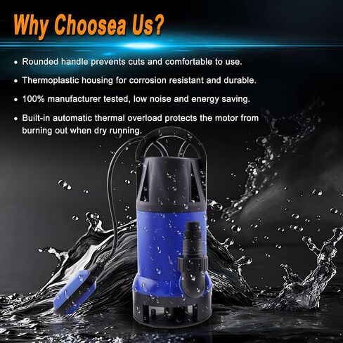 KQ1100B2(1100W) Sump Pump, 4000GPH High Flow Clean Sewage Utility Pump, Equipped with 7.2-meter Water Hose and 5-meter UL Wire, For Swimming Pool, Pond,Basement, Rooftops, Water Beds in Kuwait