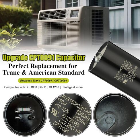 CPT0091 مكثف البدء 330 فولت تيار متردد 135-162 MFD - بديل متوافق لأنظمة الترين وأنظمة التدفئة والتهوية وتكييف الهواء القياسية الأمريكية - مكثف محرك دائري ثنائي الطرف in Kuwait
