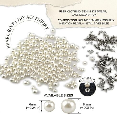 300Pcs Pearl Rivets, Mixed Size Studs for Leather Clothing & Craft Decor | 0.24 & 0.31Inch Mixed Size, Glossy Faux Pearl Top, Anti-Rust Metal Base, Two-Part Rivet Design, Multi Leather & Fabric Use in Kuwait