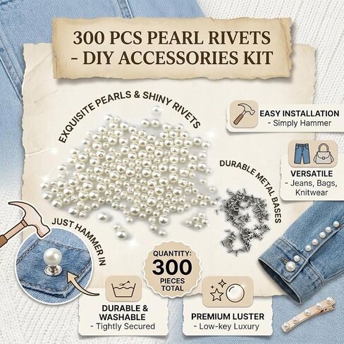 300Pcs Pearl Rivets, Mixed Size Studs for Leather Clothing & Craft Decor | 0.24 & 0.31Inch Mixed Size, Glossy Faux Pearl Top, Anti-Rust Metal Base, Two-Part Rivet Design, Multi Leather & Fabric Use in Kuwait