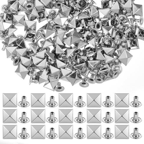 100PCS Square Pyramid Studs, 10mm/0.39 Inch Copper Flat Back Square Pyramid Rivets, Metal Nail Head Rivet for DIY Accessories, Clothing, Bag, Leather, Shoes, Jewelry, Craft, Belt, Dog Collar (Silver) in Kuwait