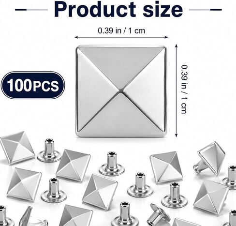 100PCS Square Pyramid Studs, 10mm/0.39 Inch Copper Flat Back Square Pyramid Rivets, Metal Nail Head Rivet for DIY Accessories, Clothing, Bag, Leather, Shoes, Jewelry, Craft, Belt, Dog Collar (Silver) in Kuwait