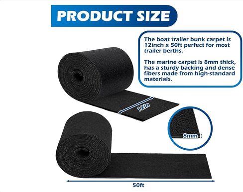 Boat Trailer Bunk Carpet 50FT x 12in, Premium Black 25oz Extra Thick Marine-Grade Bunk Carpet,Durable Protection for Hull and Trailer in Kuwait
