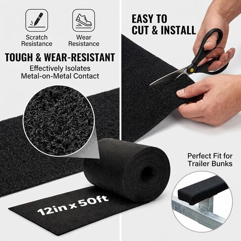 Boat Trailer Bunk Carpet 50FT x 12in, Premium Black 25oz Extra Thick Marine-Grade Bunk Carpet,Durable Protection for Hull and Trailer in Kuwait