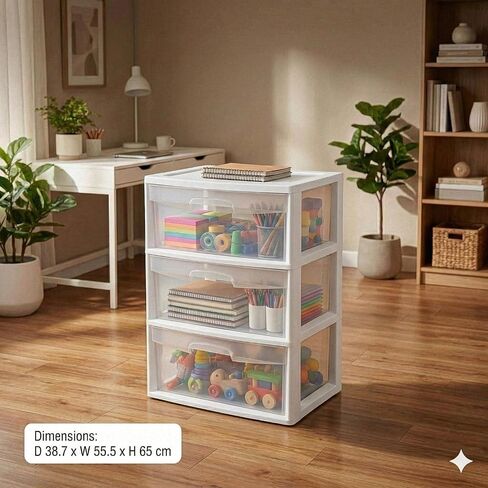 Plastic Drawers for Clothes,3 Drawer Storage Organizer, 3-Tier Wide Clear Plastic Drawer Storage Cart - White,Rolling Containers with Wheels for Bedroom,Bathroom, Office, and Classroom Organization in Kuwait