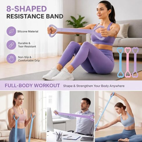 ‌Figure 8 Resistance Bands for Women & Men - 3 Levels (15lb/25lb/35lb) Silicone Workout Bands for Arms, Back, Shoulder Toning & Posture Correction - Portable Home Gym/Yoga (Pink+Blue+Purple) in Kuwait