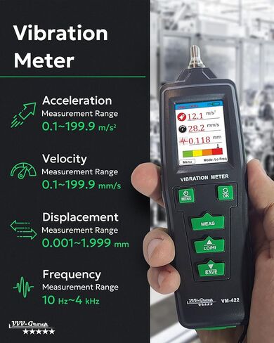 مقياس الاهتزاز الرقمي – VM-422 مقياس الاهتزاز الصناعي المزود بذاكرة، التسارع 0.1–199.9 م/ث²، السرعة 0.1–199.9 مم/ث، الإزاحة 0.001–1.999 مم، 10 هرتز–4 كيلو هرتز، 500 وحدة تخزين بيانات in Kuwait