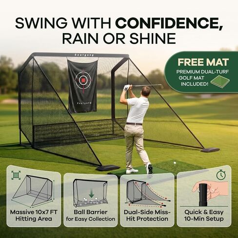 10x7FT Golf Practice Net with Mat for Backyard Indoor Outdoor | Quick Tool-Free Assembly | Heavy-Duty Steel Frame | Reinforced 5-Ply Net | Target Sheet | Dual Side Barriers | Carry Bag in Kuwait