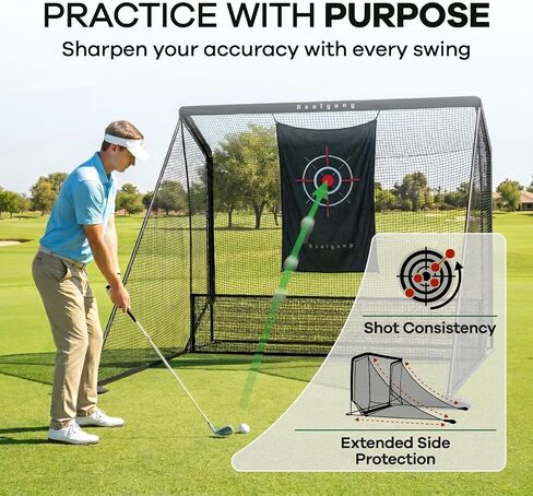 10x7FT Golf Practice Net with Mat for Backyard Indoor Outdoor | Quick Tool-Free Assembly | Heavy-Duty Steel Frame | Reinforced 5-Ply Net | Target Sheet | Dual Side Barriers | Carry Bag in Kuwait
