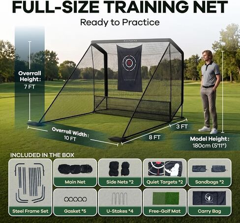 10x7FT Golf Practice Net with Mat for Backyard Indoor Outdoor | Quick Tool-Free Assembly | Heavy-Duty Steel Frame | Reinforced 5-Ply Net | Target Sheet | Dual Side Barriers | Carry Bag in Kuwait