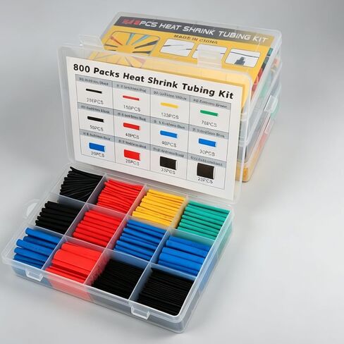 800PCS Heat Shrink Tubing Kit, 2:1 Shrink Ratio Wire Wrap Assortment, Insulated Electrical Cable Sleeves for Wire Protection and Repair, Black in Kuwait