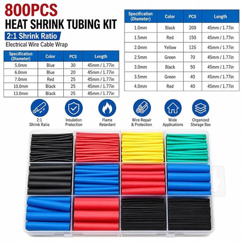 800PCS Heat Shrink Tubing Kit, 2:1 Shrink Ratio Wire Wrap Assortment, Insulated Electrical Cable Sleeves for Wire Protection and Repair, Black in Kuwait