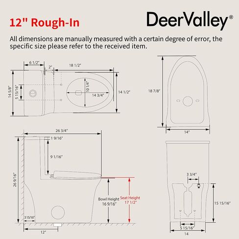 مرحاض DeerValley ممدود من قطعة واحدة مع مقعد كرسي مريح ADA ارتفاع قوي مزدوج التدفق 1/1.28 GPF وMAP 1000 جرام 12 بوصة وعاء خشن بدون إطار مرحاض سيراميك حديث للحمام DV-1F0437 in Kuwait