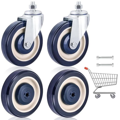 NATGAI 4 Pack Shopping Cart Replacement Casters Kit, Shopping Cart Wheels 5" Diameter 1.2" Width 5/16“ Bolt, 2 Stemless Casters & 2 Stem Casters with Axles Bolts (Blue) in Kuwait