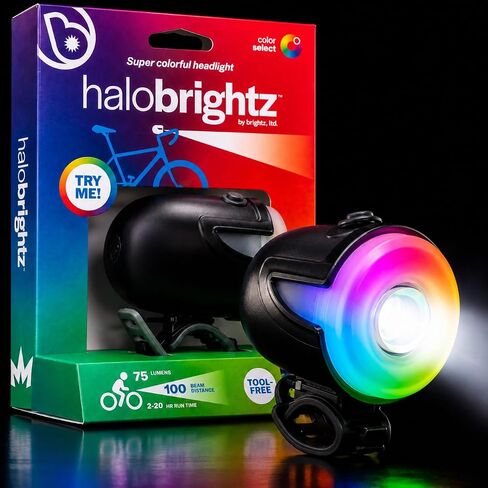 مصباح أمامي للدراجة من Brightz HaloBrightz - 75 لومن ضوء أمامي قابل لإعادة الشحن مع حلقة هالة متغيرة اللون، 3 أوضاع، شعاع 100 قدم - ضوء دراجة مقاوم للطقس بدون أدوات لسلامة الأطفال in Kuwait