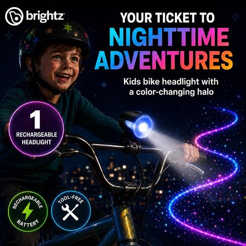 مصباح أمامي للدراجة من Brightz HaloBrightz - 75 لومن ضوء أمامي قابل لإعادة الشحن مع حلقة هالة متغيرة اللون، 3 أوضاع، شعاع 100 قدم - ضوء دراجة مقاوم للطقس بدون أدوات لسلامة الأطفال in Kuwait