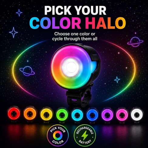 مصباح أمامي للدراجة من Brightz HaloBrightz - 75 لومن ضوء أمامي قابل لإعادة الشحن مع حلقة هالة متغيرة اللون، 3 أوضاع، شعاع 100 قدم - ضوء دراجة مقاوم للطقس بدون أدوات لسلامة الأطفال in Kuwait