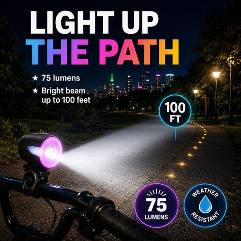 مصباح أمامي للدراجة من Brightz HaloBrightz - 75 لومن ضوء أمامي قابل لإعادة الشحن مع حلقة هالة متغيرة اللون، 3 أوضاع، شعاع 100 قدم - ضوء دراجة مقاوم للطقس بدون أدوات لسلامة الأطفال in Kuwait