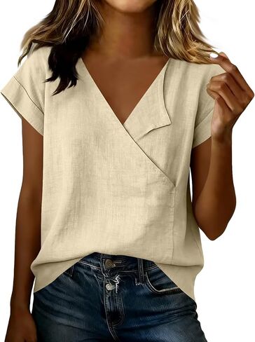 2026 Cotton Linen Tops Women Loose Short Sleeve T Shirts Lightweight Breathable Summer Blouses Vacation Tee in Kuwait