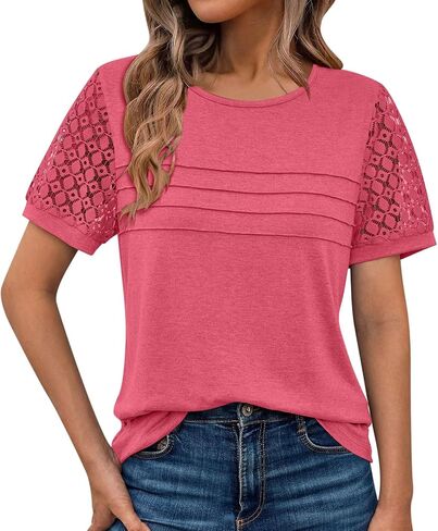 Womens Lace Short Sleeve Shirts Summer Basic Tee Pleated Front Crewneck Pullover Blouse Cotton Soft Loose Work Tops in Kuwait