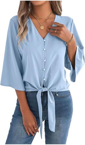 Women's Puff 3/4 Sleeve Tops Button Down V Neck Shirts Summer Business Casual Blouse Tee with Knot Tie Work T Shirts in Kuwait