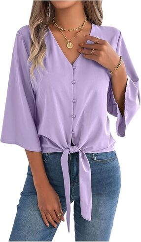 Women's Puff 3/4 Sleeve Tops Button Down V Neck Shirts Summer Business Casual Blouse Tee with Knot Tie Work T Shirts in Kuwait
