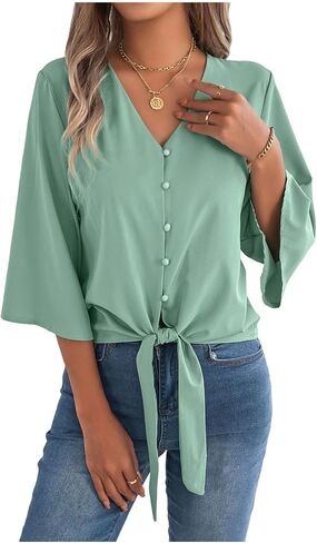 Women's Puff 3/4 Sleeve Tops Button Down V Neck Shirts Summer Business Casual Blouse Tee with Knot Tie Work T Shirts in Kuwait
