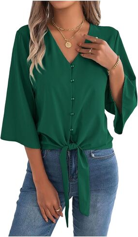 Women's Puff 3/4 Sleeve Tops Button Down V Neck Shirts Summer Business Casual Blouse Tee with Knot Tie Work T Shirts in Kuwait