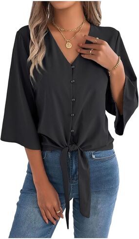 Women's Puff 3/4 Sleeve Tops Button Down V Neck Shirts Summer Business Casual Blouse Tee with Knot Tie Work T Shirts in Kuwait