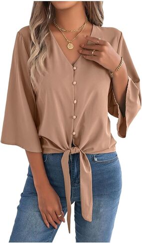 Women's Puff 3/4 Sleeve Tops Button Down V Neck Shirts Summer Business Casual Blouse Tee with Knot Tie Work T Shirts in Kuwait