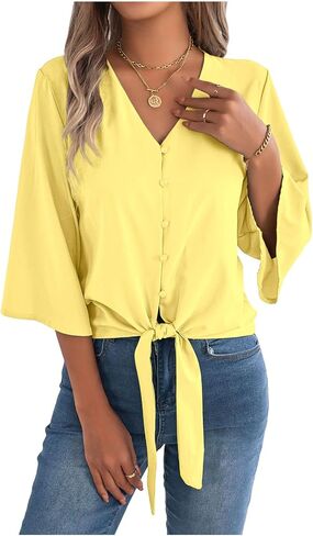 Women's Puff 3/4 Sleeve Tops Button Down V Neck Shirts Summer Business Casual Blouse Tee with Knot Tie Work T Shirts in Kuwait