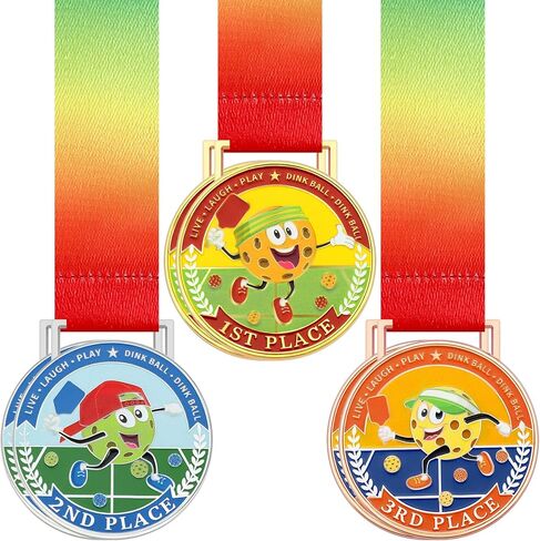 Junkin Dinkball Medals Set Gold Silver Bronze 2.8" Wide, Inspirational Tournament Awards Prizes for Dinkball Lovers Women & Men, 3 Designs with Ribbon in Kuwait