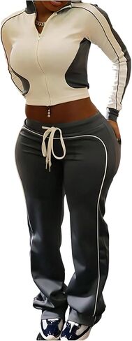 Verdusa Women's 2 Piece Fitness Clothing Zip Up Cropped Jackets with Track Pants Outfits in Kuwait