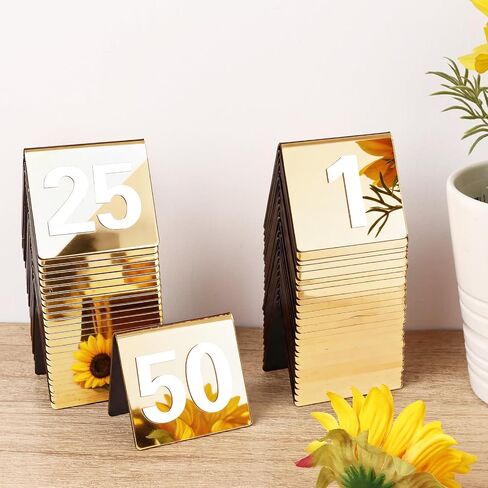Mirrored Gold Table Numbers 1-50, Acrylic Tent Style Card Signs - Double-Sided Standing Numbers for Wedding Reception, Restaurant Seating & Event Decor in Kuwait