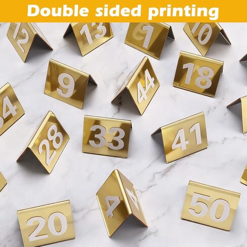 Mirrored Gold Table Numbers 1-50, Acrylic Tent Style Card Signs - Double-Sided Standing Numbers for Wedding Reception, Restaurant Seating & Event Decor in Kuwait