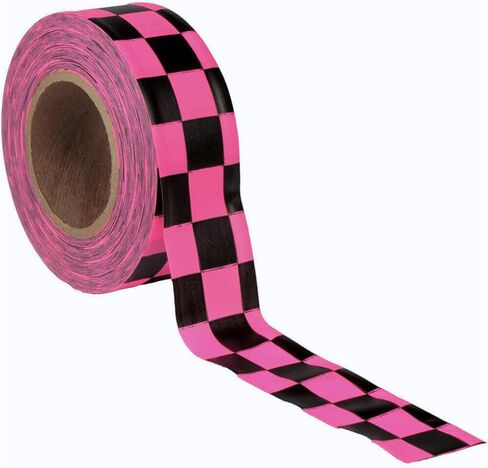 NO Adhesive, Presco PresGlo Checkerboard Patterned Roll Flagging Tape, 1-3/16 in. x 50 yds. (Neon Pink/Black Checkerboard) in Kuwait