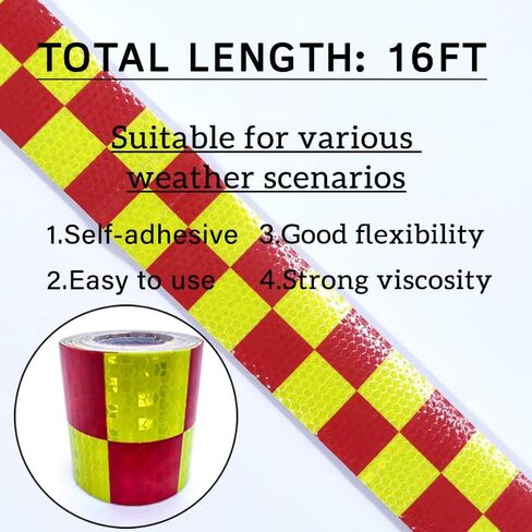 شريط أمان عاكس للضوء، نمط مربعات باللونين الأحمر والأصفر بطول 16 قدمًا، ملصق تحذير ذاتي اللصق للمركبة (أحمر وأصفر) in Kuwait