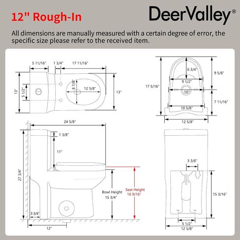 DeerValley Compact One Piece Toilet Standard Seat Height for Small Bathroom Dual Flush 1.1/1.6 GPF Powerful and Quiet 12'' Rough-In Skirted Toilet in Kuwait